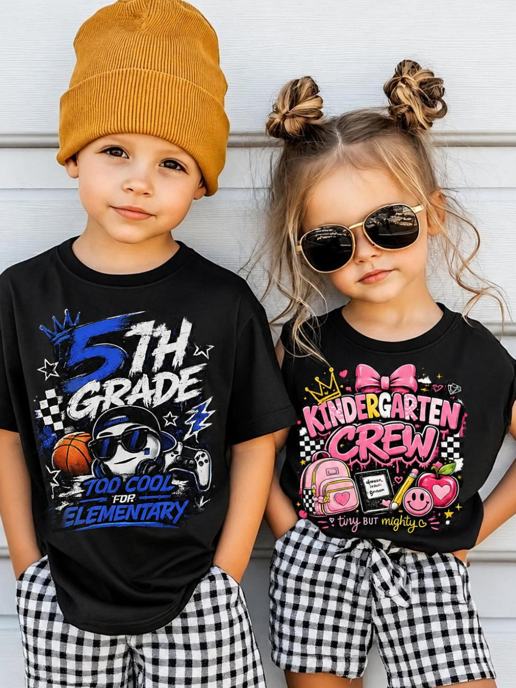 Kids wearing Back To School graphic tees